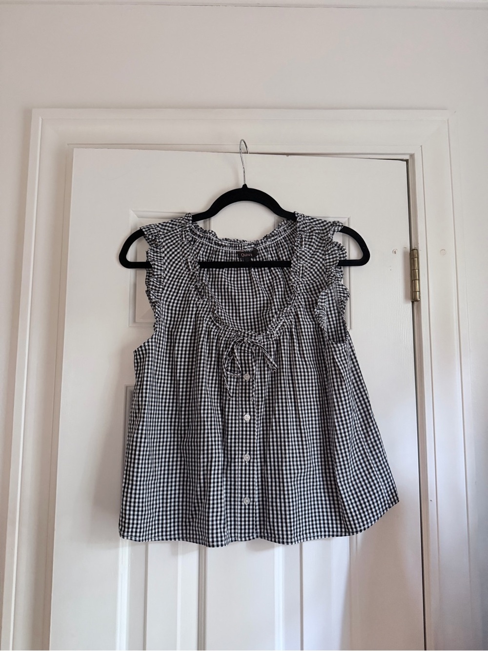 Quince Black and White Gingham Ruffled Tie-Front Sleeveless Blouse